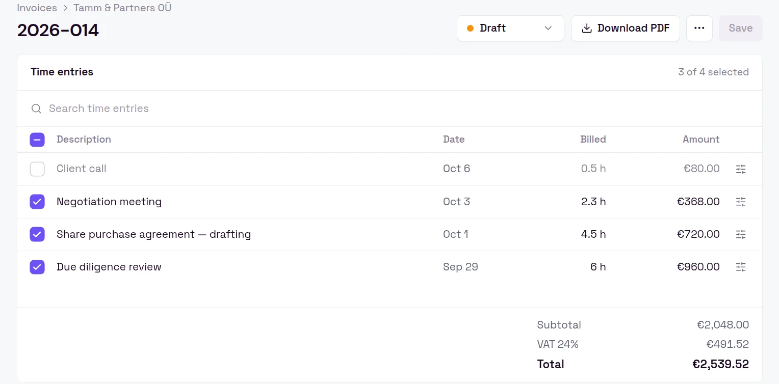 Invoicing from tracked time